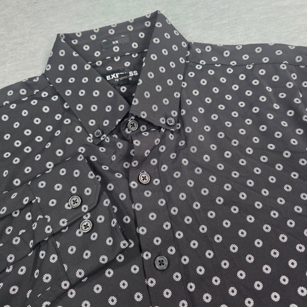 Express Performance Mens Slim Fit Black White Sunburst Print Button Down Shirt S